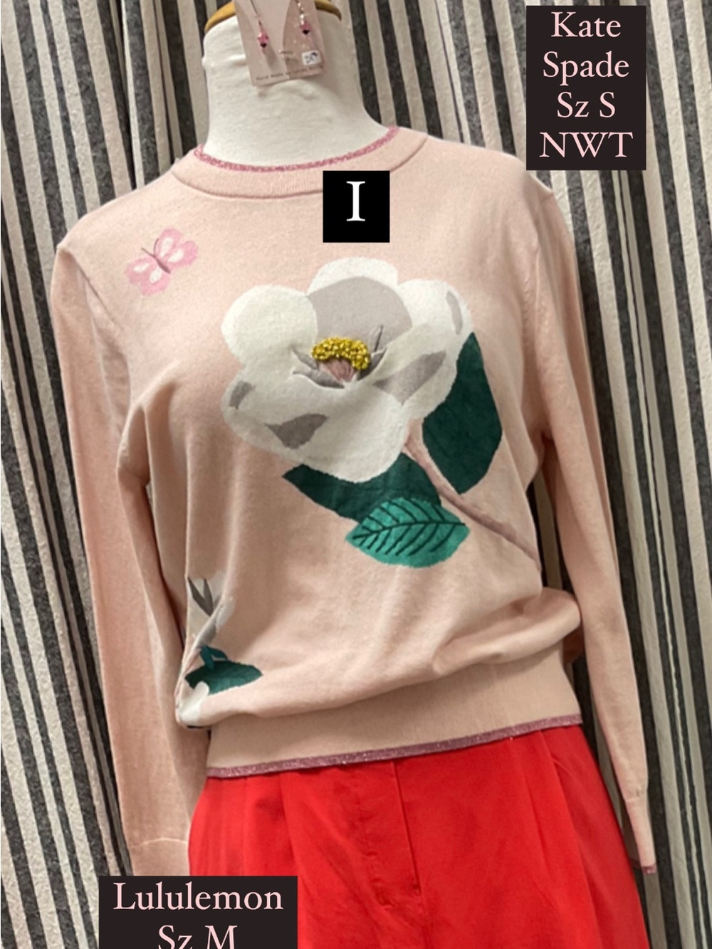 Kate Spade sweater floral‎ sparkle accents size L/S pale pink fits Xs S NWT